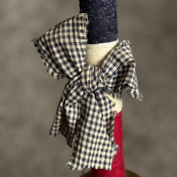 Ole Wooden Thread Spool Rustic Country Charm Candlestick Gingham Red White Blue - Picture 5 of 7